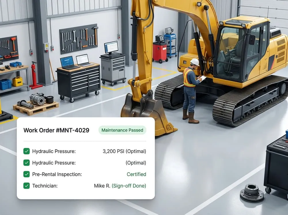 Equipment rental maintenance work order with a passed inspection checklist beside an excavator
